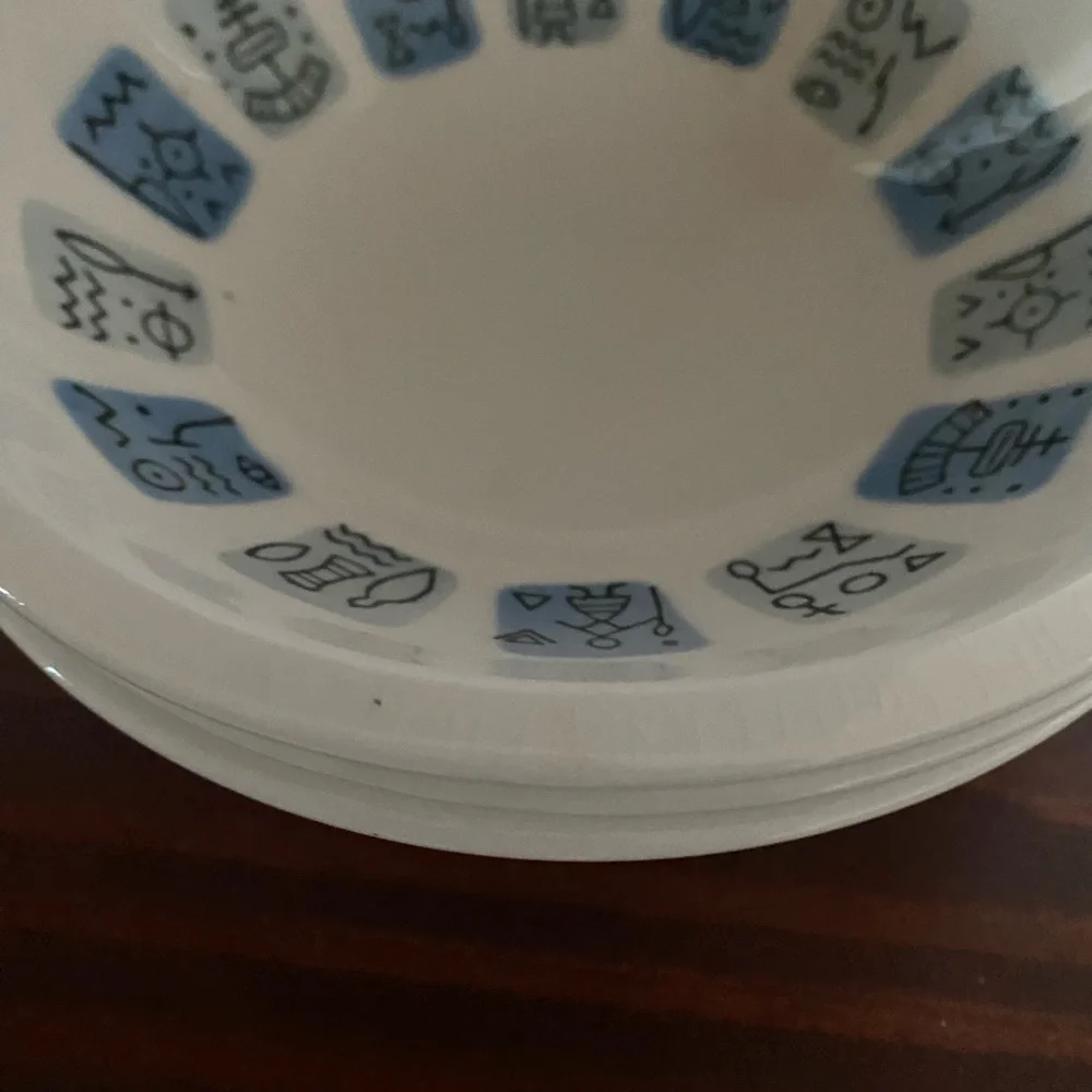 3 Rare Vintage Nola Ware Hand Painted Atomic Art Deco 3”Blue White Bowls MCM